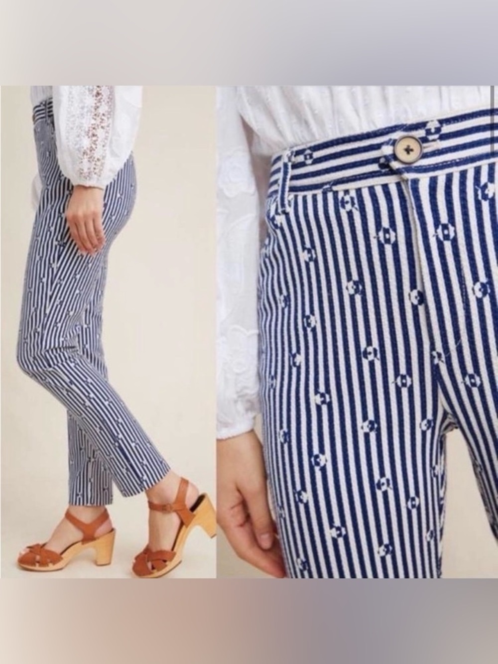 Anthropologie Essential Slim Blue White Stripe Daisy Floral Trousers Pants 6